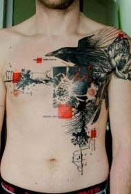 胸部精美的乌鸦几何和字母纹身图案