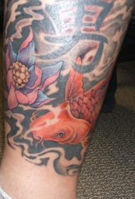 小腿红色的锦鲤和莲花汉字纹身图案