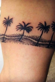 黑色点刺沙滩与棕榈树纹身图案
