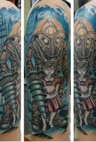 大臂卡通机器人和僵尸女孩纹身图案