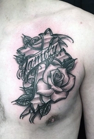胸部玫瑰藤蔓英文字母纹身图案