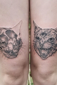 大腿可怕的黑色猫头骨与三眼猫纹身图案
