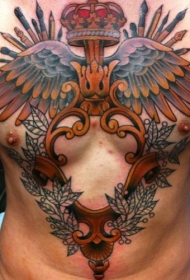 胸部华丽彩色框架与翅膀和皇冠纹身图案