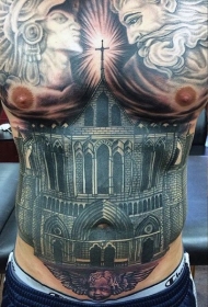 腹部精致的黑色教堂纹身图案
