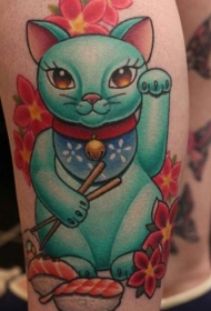 小腿卡通日式招财猫和花朵寿司纹身图案