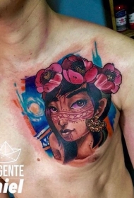 胸部new school彩色女孩肖像和鲜花纹身图案