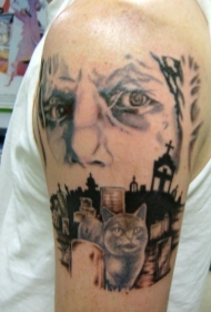 手部神秘的彩色猫和墓地与男子肖像纹身图案