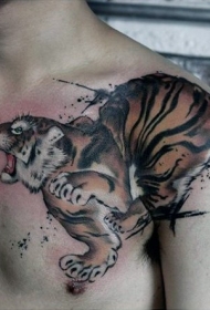 肩部水彩风格的老虎纹身图案