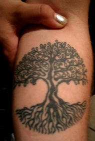 黑色线条大树的树叶和根纹身图案