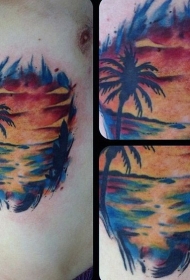 侧肋彩色海洋与太阳纹身图案