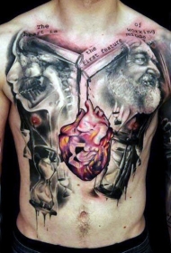 胸部科学家肖像与彩色心脏纹身图案