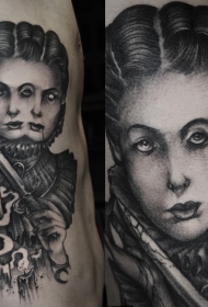侧肋雕刻风格黑白神秘女人与血腥匕首纹身图案