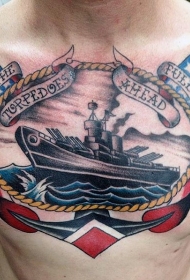 胸部航海主题的彩色船舶国旗纹身图案