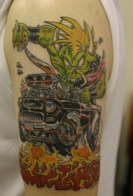 绿色怪兽和汽车彩色纹身图案