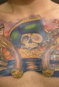海盗骷髅与手枪帆船胸部纹身图案