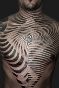 胸部和颈部黑白点刺线条催眠纹身图案