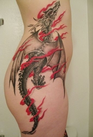 黑灰龙与红色丝带侧肋纹身图案