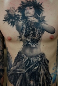 腹部写实的黑白舞蹈部落女人纹身图案