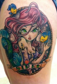 大腿卡通美人鱼和小丑鱼字母彩色纹身图案