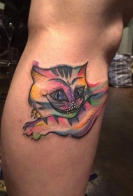 小腿童话彩虹色式的微笑咧嘴猫纹身图案