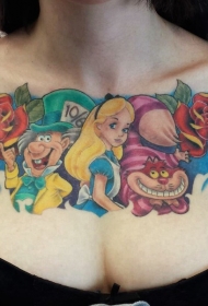 胸部可爱的彩色幻想爱丽丝梦游仙境卡通纹身图案