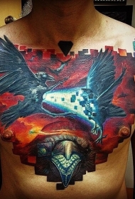 胸部彩色战斗幻想鸟与蛇卡通纹身图案