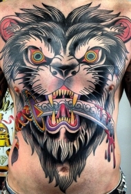 腹部old school彩色毛骨悚然的狗和血腥的剑纹身图案