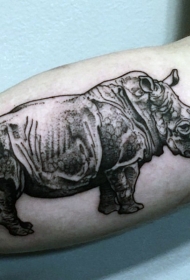 大臂内侧黑白写实风格犀牛纹身图案