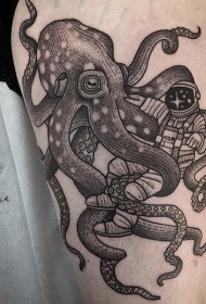 大腿印象深刻的黑灰章鱼与宇航员纹身图案