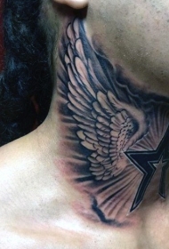 颈部黑白翅膀和五角星纹身图案