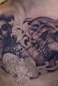 胸部黑灰骷髅与吸烟怪物纹身图案