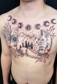 胸部线条狐狸猫头鹰山脉星星和树叶纹身图案