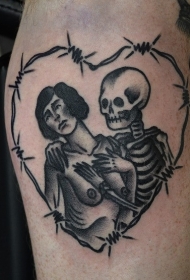 心形骷髅骨架与裸体女人纹身图案