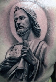 胸部彩色耶稣雕像纹身图案
