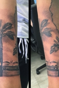 手臂写实的黑灰房子和棕榈树纹身图案