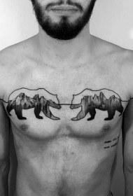 胸部黑色熊轮廓与山脉纹身图案