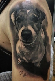 手臂可爱逼真的黑白狗肖像纹身图案