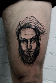 大腿素描风格黑色线条男子胡须肖像纹身图案