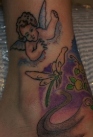 天使与蜻蜓彩色纹身图案