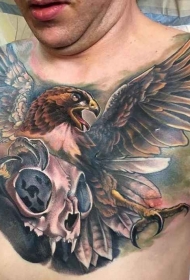 胸部new school彩色老鹰与猫头骨纹身图案
