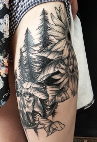 大腿黑色野生狐狸森林和花朵纹身图案