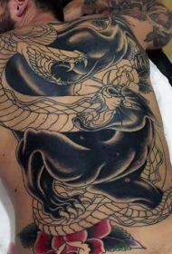 经典的日本传统黑豹蛇和玫瑰满背纹身图案