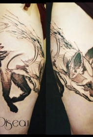 大腿黑色线条可爱的狐狸纹身图案