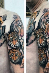 肩膀和胸部可爱的彩色老虎家庭纹身图案