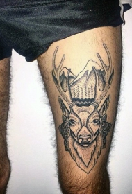大腿点刺风格黑色鹿头山脉纹身图案