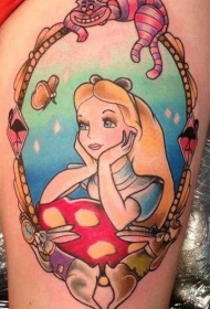 梦游仙境的爱丽丝和其他动物彩色卡通纹身图案