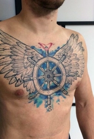 胸部彩色船舵与翅膀纹身图案