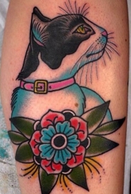 old school彩色可爱的猫和花朵纹身图案