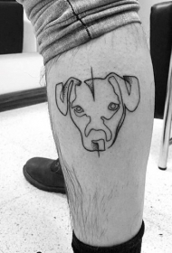 小腿简单的黑色线条狗头像纹身图案