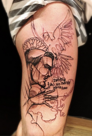 素描风格大腿黑色字母和鸽子男人脸纹身图案